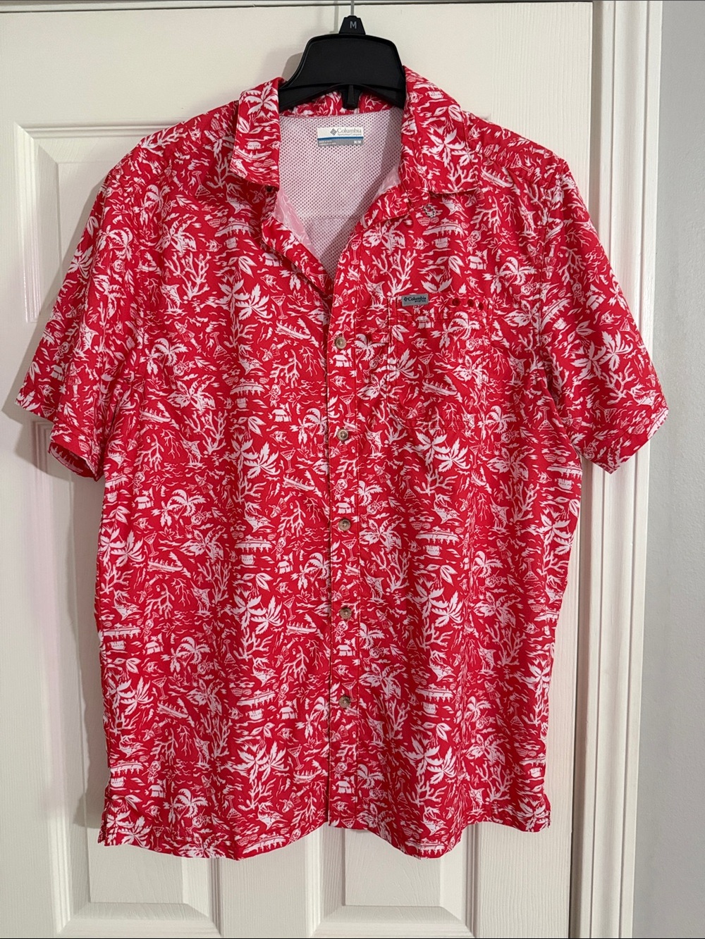 Columbia Red and White Tropical Print Button-Down Shirt